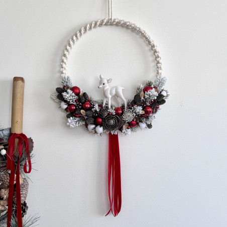 Couronne de Noël en macramé (rouge/blanc)