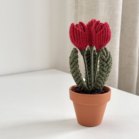 Tulipes en macramé dans un pot